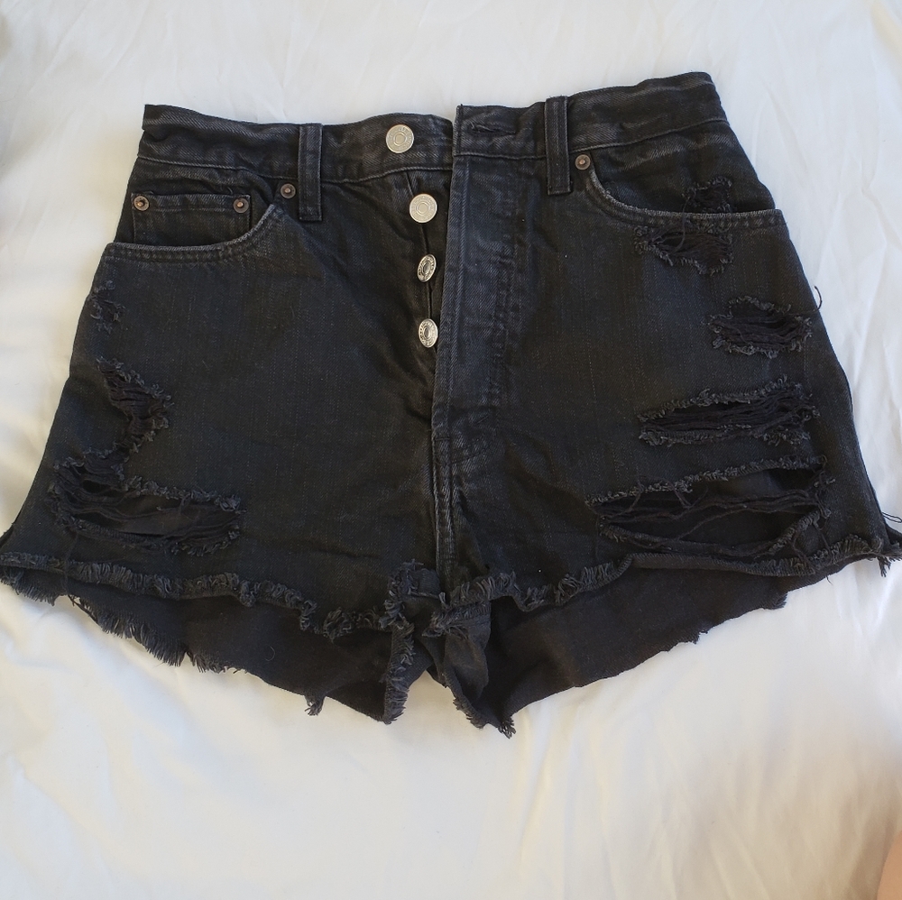 High waisted black distressed jean shorts